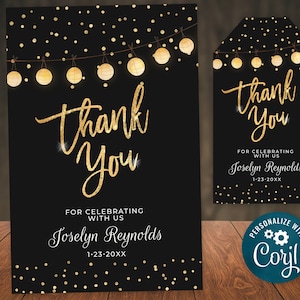 Bedankkaart verjaardag bewerkbare sjabloon zwart goud glitter lichten digitale INSTANT download 4 x 6 bewerkbare gepersonaliseerde B95