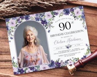 May include: A purple and white floral birthday invitation with a photo of a woman in a light purple shirt. The invitation says "Please join us for a 90th Birthday Celebration in honor of Chelsea Hutchinson".