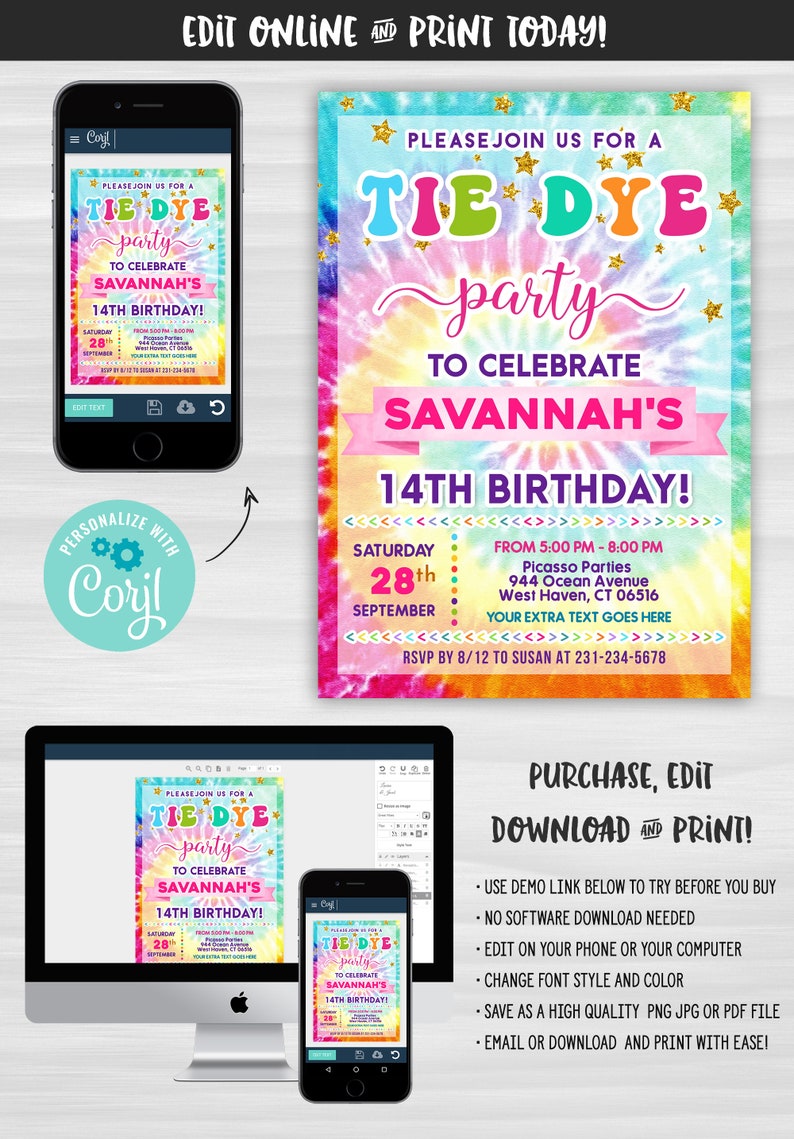 Digital and Printable Tie Dye Birthday Party Invitation &amp; | Etsy