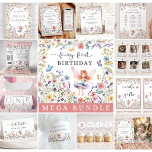 Fairy First Birthday Invitation Bundle Girls 1st Birthday Wildflower Fairy Butterfly Party Printable Editable Template Digital Download 1614