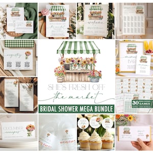 Op de afbeelding: Een verzameling bruidsdouche briefpapier en decoraties. Het thema omvat een aquarel illustratie van een bloemenkraam met de tekst "She's Fresh Off the Market". Items omvatten uitnodigingen, borden en cupcake toppers.