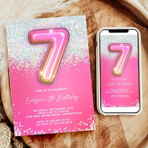 Editable Pink 7th Birthday Invitation Template - Pink Glitter Birthday Invitation for Girls - Digital Download - 0314P