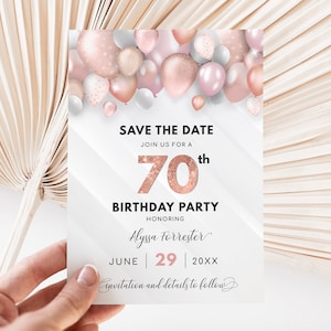 Bearbeitbar Save the Date Vorlage - Geburtstagsankündigung - Rosegold & Weiß mit Luftballons Digital Download 10x15 + 13x18 - B40 BD40BB