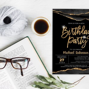 Black and Gold Birthday Invitation Template - Any Age - Digital Instant ...