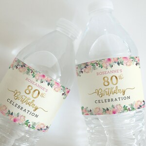 Editable Water Bottle Label Template - Any Age - Gold, Cream &  Blush Pink Floral Digital INSTANT download Editable - B23C