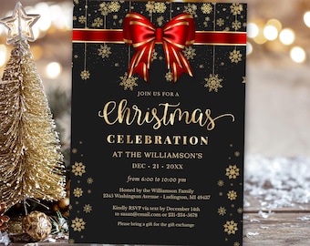 May include: A black and gold Christmas party invitation with a red bow and snowflakes. The text reads "Join us for a Christmas Celebration at the Williamson's, Dec 21, 20XX, from 6:00 to 10:00 pm".