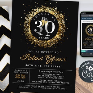 Cheers 30th Birthday Invitation THIRTY Party Silver and Gold Glitter Sparkle Champagne Digital Instant Download Printable Editable BP108B