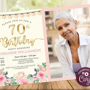 70th Birthday Photo Invitation - Adult SEVENTY Birthday Invite - Gold, Cream &  Blush Pink Floral Digital INSTANT download Editable - B23C