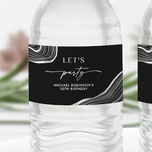 Black & Silver Water Bottle Label Template - Water Wrappers - Party Favors - Let&#39;s Party - Editable Digital Download 0300BS