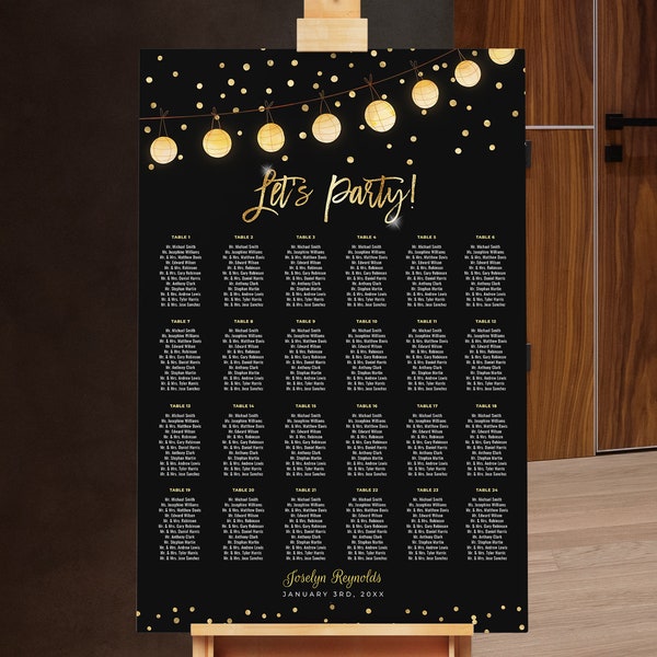 Party Seating Chart Black Gold Glitter Lights Party Seating Chart Digital INSTANT download Editable mens womens B95