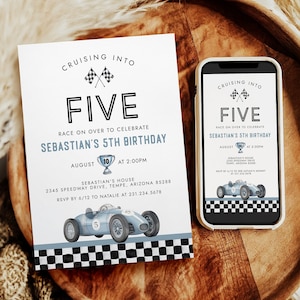 May include: A blue and white birthday invitation with a checkered background. The invitation says "Cruising into Five" and has a picture of a blue race car. The invitation is for Sebastian's 5th birthday party.