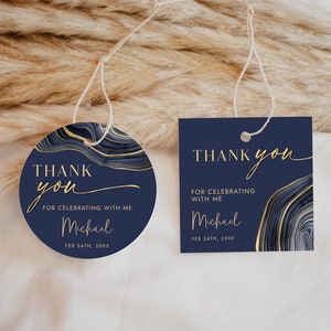 Navy Blue and Gold Favor Tag Template - Modern Circle + Square Gift Tag Template - Party Favor Tag - Digital Download Editable 0300NBG