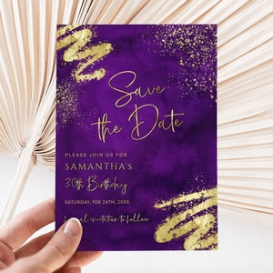 Luxury Purple & Gold Save the Date Card Template - Editable Save the Date - Ladies Mens Birthday - Digital Download Editable BPG BP141