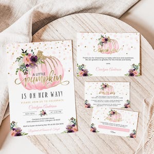 Editable Little Pumpkin Baby Shower Invitation - Pink & Gold Floral - Fall Baby Shower Invites - Autumn Fall - Digital Download BBS16