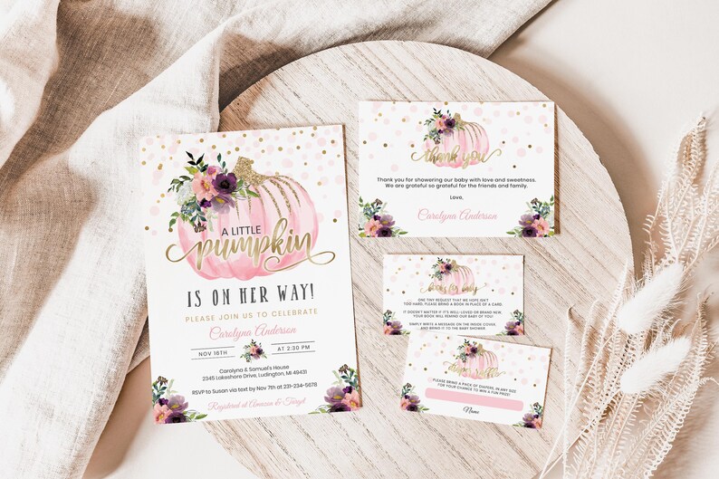 Editable Little Pumpkin Baby Shower Invitation - Pink & Gold Floral - Fall Baby Shower Invites - Autumn Fall - Digital Download BBS16
