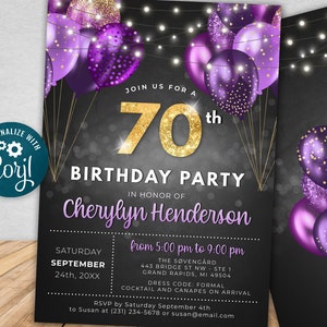70th Birthday Invitation SEVENTY Party Black Gold Purple Glitter Sparkle Balloons Digital Instant Download 5x7 Printable Editable BPB BGPG