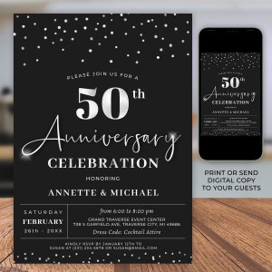 Faire-part 50e anniversaire de mariage - Invitation d'anniversaire de mariage noir et argent - Imprimable et téléchargement numérique - RT1517