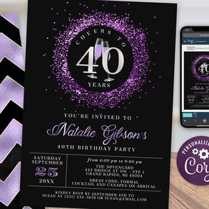 Cheers 40th Birthday Invitation FORTY Party Purple Silver Glitter Sparkle Champagne Digital Instant Download 5x7 Printable Editable BP108