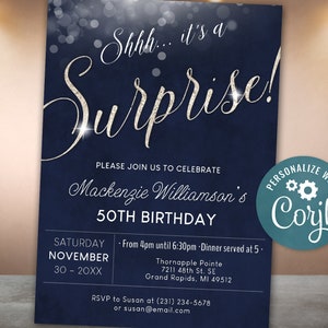 Surprise Birthday Invitation Invite Party ANY AGE Silver Glitter & Dark Blue Digital INSTANT download 5x7 Editable adult mens male womens image 1