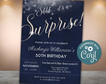 Surprise Birthday Invitation Invite Party ANY AGE Silver Glitter & Dark Blue Digital INSTANT download 5x7 Editable adult mens male womens
