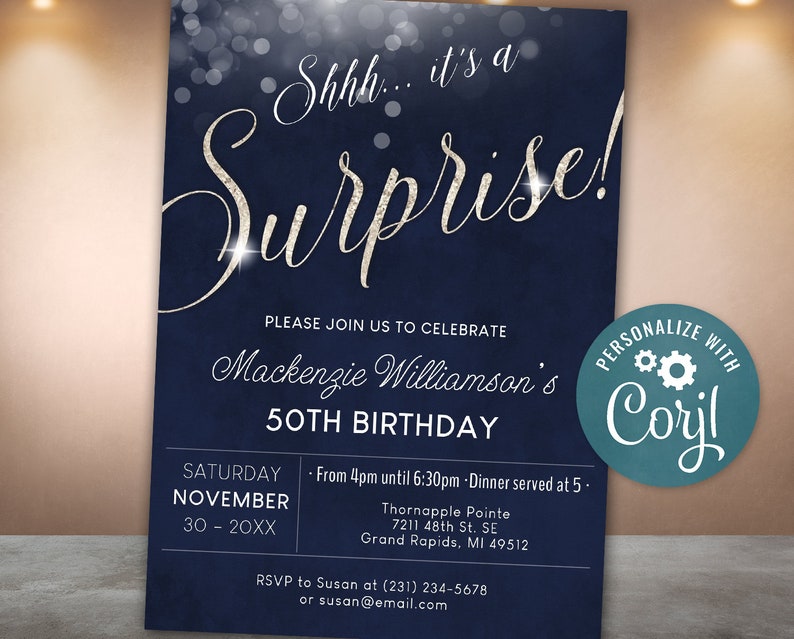 Surprise Birthday Invitation Invite Party ANY AGE Silver Glitter & Dark Blue Digital INSTANT download 5x7 Editable adult mens male womens image 1
