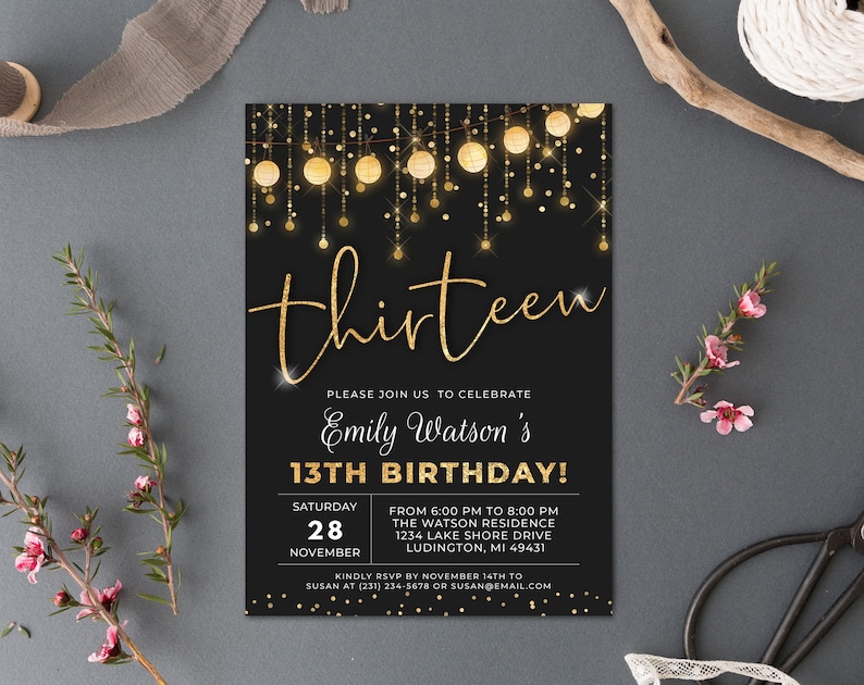 13th-birthday-invitation-13th-birthday-invite-gold-and-black-etsy