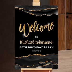 Geburtstag Willkommensschild Geburtstag Willkommen Poster Schwarz und Gold Digital Sofortiger digitaler Download Druckbare bearbeitbare AGT APBRBG