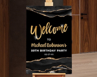 Panneau de bienvenue d'anniversaire Poster de bienvenue d'anniversaire noir et or Téléchargement numérique instantané Imprimable modifiable AGT APBRBG