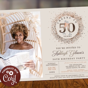 Cheers 50th Birthday Photo Invitation Template - Neutral Glitter Sparkle Champagne Digital Instant Download 5x7 BP108E