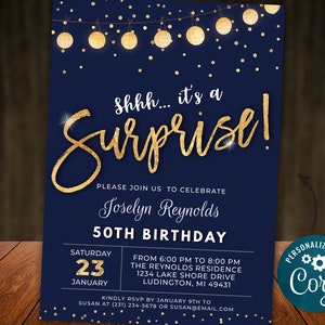 Surprise Birthday Invitation Invite Party ANY AGE Navy Gold Glitter Lights Digital INSTANT download 5x7 Editable adult mens womens B95