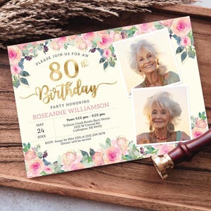 80e verjaardag 2 foto-uitnodiging - volwassen tachtig verjaardagsuitnodiging - goud, crème en blush roze bloemen digitale INSTANT download bewerkbaar - B23C