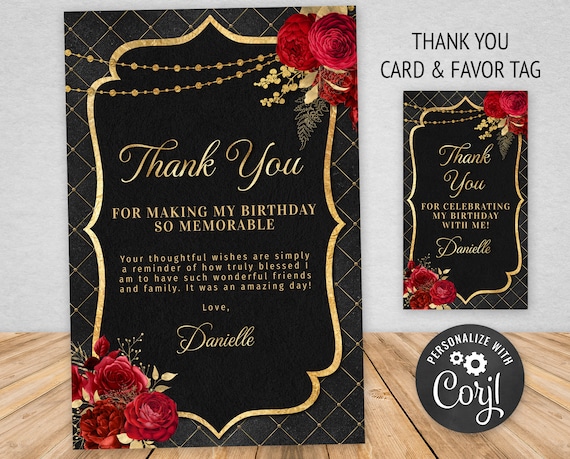 Editable Thank You Card + Tag Template - Black and Gold with Red Roses - Instant Download BPR BP110
