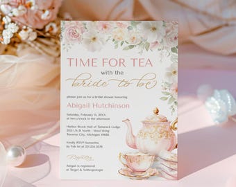 Tea Party Bridal Shower Invitation - Time for Tea with the Bride to Be - Blush Pink Floral Tea Party Invite - Editable Digital Download 5008
