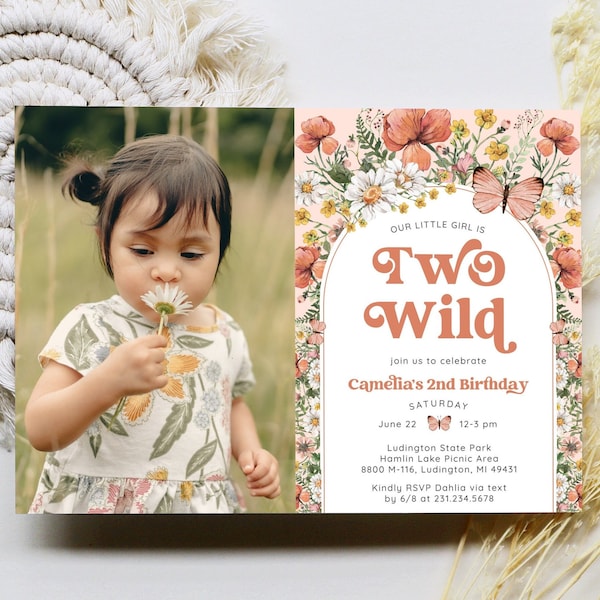 Two Wild Wildflower 2nd Birthday Photo Invitation - Wildflower Birthday Party - Boho 2nd Birthday - Digital and Printable Invite - 1617