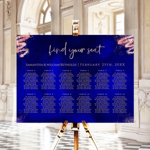 以下が含まれることがあります： 青いピンクの結婚式席次表に「find your seat」と「Samantha & William Reynolds | February 25th, 20XX」の文字が書かれています。表にはテーブルとゲストの名前がリストされています。