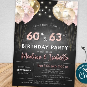 Dual Joint Birthday Invitation Double Party Blush Pink Gold Glitter Sparkle Balloons Digital Instant Download 5x7 Editable BPB BGBP