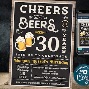 30th Cheers and Beers Birthday Party Invitation THIRTY Wood & Chalkboard Digital INSTANT Download 5x7 Editable CB2 CBBP