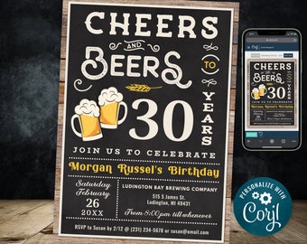 30th Cheers and Beers Birthday Party Invitation THIRTY Wood & Chalkboard Digital INSTANT Download 5x7 Editable CB2 CBBP