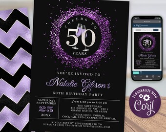 Cheers 50th Birthday Invitation FIFTY Party Purple Silver Glitter Sparkle Champagne Digital Instant Download 5x7 Printable Editable BP108F
