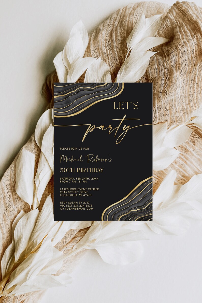 Editable Black and Gold Birthday Party Invitation Template - Let's ...