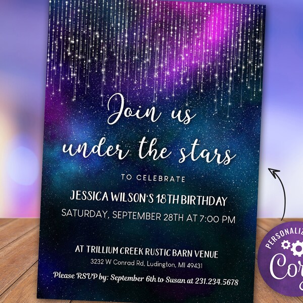 Galaxy Birthday Invitation with String Lights - Outer Space - Starry Night Sky - Twinkle Lights - Digital INSTANT DOWNLOAD Editable