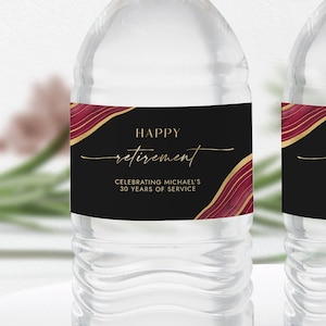 Burgundy Black & Gold Water Bottle Label Template - Water Wrappers - Party Favors - Happy Retirement - Editable Digital Download 0300BRG