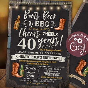 Any Age - Boots, Beer and BBQ Barbecue Birthday Party Invitation Chalkboard & Wood Digital INSTANT Download 5x7 Editable CBBP