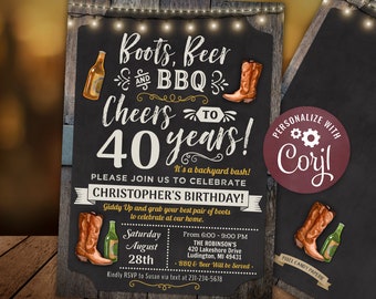 Any Age - Boots, Beer and BBQ Barbecue Birthday Party Invitation Chalkboard & Wood Digital INSTANT Download 5x7 Editable CBBP