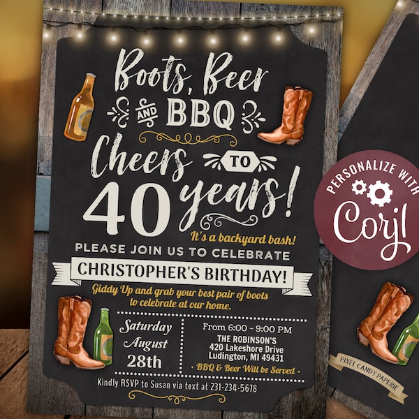 Any Age - Boots, Beer and BBQ Barbecue Birthday Party Invitation Chalkboard & Wood Digital INSTANT Download 5x7 Editable CBBP