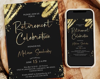 Retirement Party Invitation - Black and Gold - Work Retire Party - Mens Womens - Printable Digital Download - Editable - 1900BG