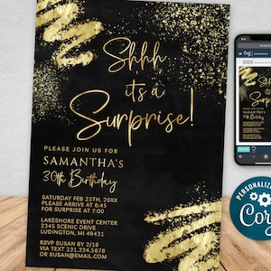 Plantilla de invitación sorpresa de cumpleaños para adultos en negro y dorado, descarga digital instantánea, editable, para hombres y mujeres, BPG BP143