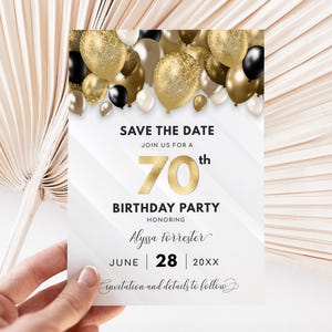 Bearbeitbar Save the Date Vorlage - Geburtstagsankündigung - Gold-, Schwarz- und Weißballons Digitaler SOFORT-Download 4x6 + 5x7 - B40 BP40G