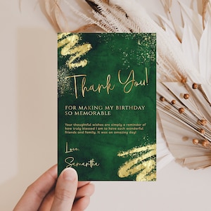 Modelo de cartão de agradecimento verde esmeralda e dourado de luxo - Obrigado editável - Aniversário para mulheres e homens - Download digital editável BPG BP145
