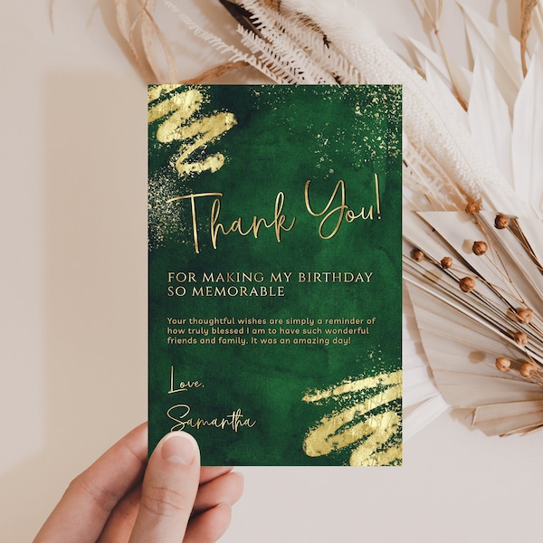 Luxury Emerald Green and Gold Thank You Card Template - Editable Thank You - Ladies Mens Birthday - Digital Download Editable BPG BP145